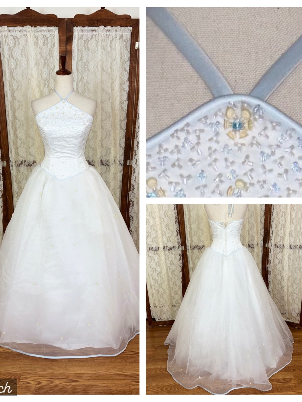 Gorgeous Vintage Y2K Bonny Bridal Baby Blue Satin Trim Tulle Wedding Gown